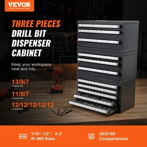 VEVOR Bohrer-Spenderschrank, 3-teilig, drei Schubladen für 1,6 mm bis 12,7 mm und Buchstabengrößen A bis Z, Bohrer-Organizer mit fünf Schubladen für Drahtstärken Nr. 1 bis Nr. 60, Stapelbarer Schrank VEVOR Bohrer-Spenderschrank, 3-teilig, drei Schubladen für 1,6 mm bis 12,7 mm und Buchstabengrößen A bis Z, Bohrer-Organizer mit fünf Schubladen für Drahtstärken Nr. 1 bis Nr. 60, Stapelbarer Schrank