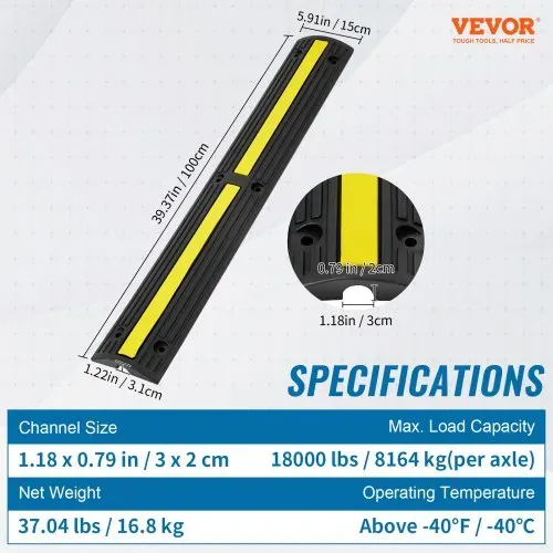 VEVOR Kabelschutzmatte Kabelkanal schwarz Kabelkanal außenbereich 4x 1-Kanal Schlauchbrücke Kabelbrücke Überfahrschutz Kabel 100x 15x3,1cm – Bild 6
