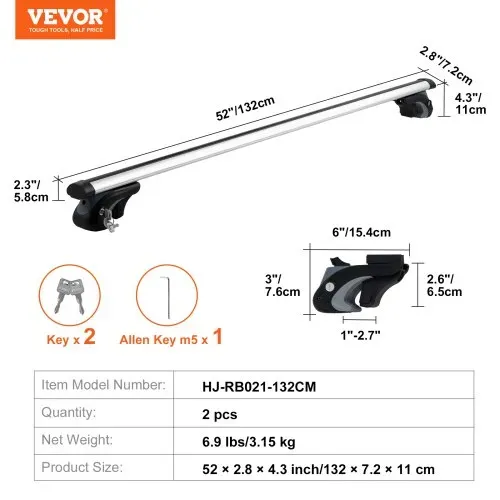 VEVOR Dachträger Universal Dachgepäckträger Auto Alu Querträger 90 kg Tragkraft, für erhöhte Seitenschiene mit Lücke, passend Innenabstand des Dachbalkens 19-113cm, Rohrdurchmesser 28-68 mm – Bild 6