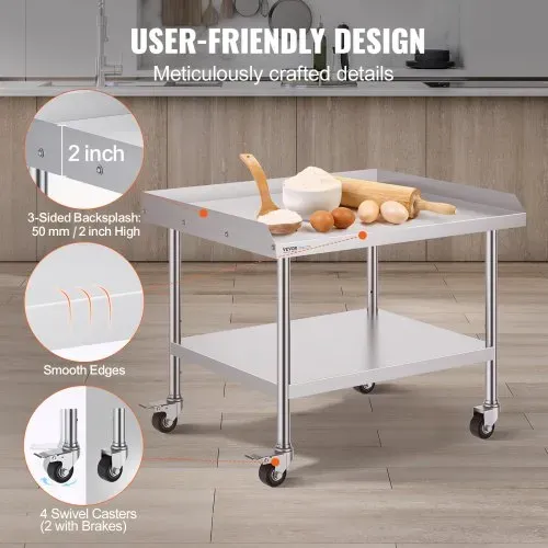 VEVOR Arbeitstisch aus Edelstahl, gewerblicher Arbeitstisch zur Lebensmittelzubereitung mit 4 Rädern, Lenkrollen, 3-seitiger Spritzschutz, 762 x 914 x 762 mm Arbeitstisch für Restaurants, Hotels – Bild 3