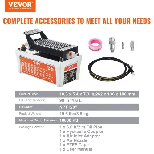 VEVOR 700 bar Lufthydraulische Pumpe 1,6L Hydraulikpumpe 0,8L/min (ohne Last) 0,16L/min (Belastung) Hydraulische Fußpumpe mit 2m Schlauch Luft Fußpumpe Autoreparatur Öltakelage Maschinenwartung – Bild 6