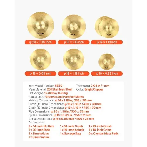 VEVOR Beckenset 355mm HiHat 400/455mm Crash 505mm Ride 254mm Splash 400mm China (10 14 16 18 20 Inches) – Bild 6