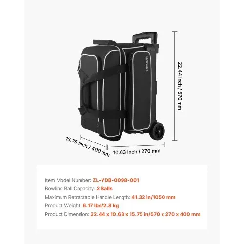 VEVOR Bowlingballtasche für 2 Bälle mit Doppelrollen & separatem Fach für Schuhe (bis US-Größe 16) & übergroßer Zubehörtasche, einziehbarer Griff lässt sich auf 105 cm ausziehen Schwarz + Weiß – Bild 6