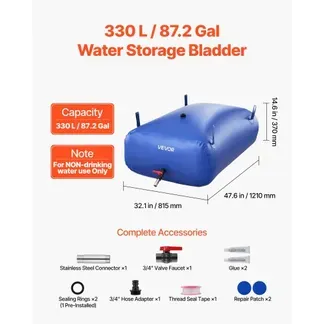 VEVOR Wasserspeicherblase, 330 L Wassersack mit Wasserhahn, Faltbarer & Tragbarer Wasserbeutel aus 1000D PVC, Wasserspeicher für Bewässerungssystem, Trockenheitsresistenz & Katastrophenfälle, Blau VEVOR Wasserspeicherblase, 330 L Wassersack mit Wasserhahn, Faltbarer & Tragbarer Wasserbeutel aus 1000D PVC, Wasserspeicher für Bewässerungssystem, Trockenheitsresistenz & Katastrophenfälle, Blau