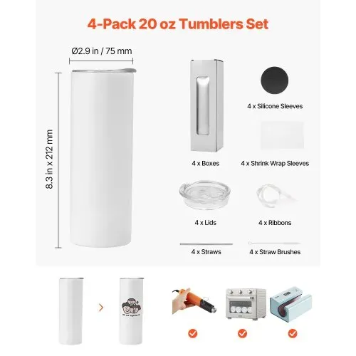 VEVOR Sublimationsbecher 4 Stk. (591 mL), Sublimationstumblers aus Edelstahl mit Deckeln & Strohhalm, Doppelwandige Isolierte Sublimationsrohlinge für Individuelle DIY-Gestaltung Geschenke VEVOR Sublimationsbecher 4 Stk. (591 mL), Sublimationstumblers aus Edelstahl mit Deckeln & Strohhalm, Doppelwandige Isolierte Sublimationsrohlinge für Individuelle DIY-Gestaltung Geschenke