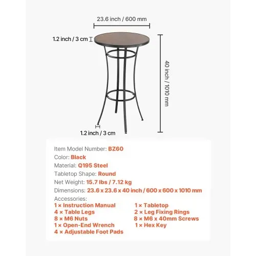 VEVOR Bartisch, 600 x 600 x 1000 mm, Bistrotisch, Stehtisch mit Metallgestell, Runde Esstische, Küchentisch, Tresentisch, Partytisch, Gartenmöbel für Balkon, Garten, Poolrand – Bild 6