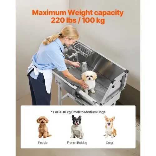 VEVOR Hundewaschstation aus Edelstahl, 870x488x1118mm Haustierpflegewanne bis 100kg mit Rechter Schiebetür & Treppe, Tierbadewanne inkl. Abfluss Duschkopf Seifenhalter für Mittlere & Kleine Haustiere – Bild 3