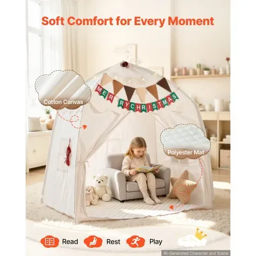 VEVOR Spielzelt Kinderzelt Tipi Zelt Kinderspielhaus 1500x960x1500 mm Beige, Möbel für Kleinkinder, mit Fiberglasrahmen, Gepolsterter Matte, Sternenlichtern, Tragetasche, Flagge & Atmungsaktivem Fenster – Bild 3