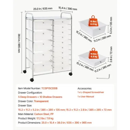 VEVOR Rollwagen mit 15 Schubladen Rollcontainer Doppelreihe 635x390x965mm, Metallgestell, Ablagefläche, Handgriffe, Lenkrolle mit 2 Bremsen, Mobiler Aufbewahrungswagen für Büro Werkstatt Bastelzimmer – Bild 6