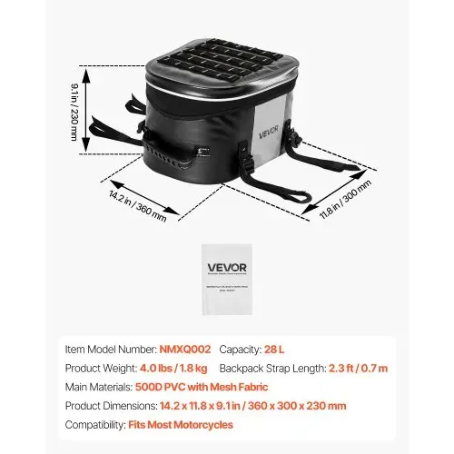VEVOR Motorradhecktasche 28 L wasserfest, Rücksitztasche Kofferraumtasche für Motorradgepäck, Gepäckaufbewahrung mit Tasche & verstellbarer Schnalle, universell passender Gepäckträger, Schwarz – Bild 6