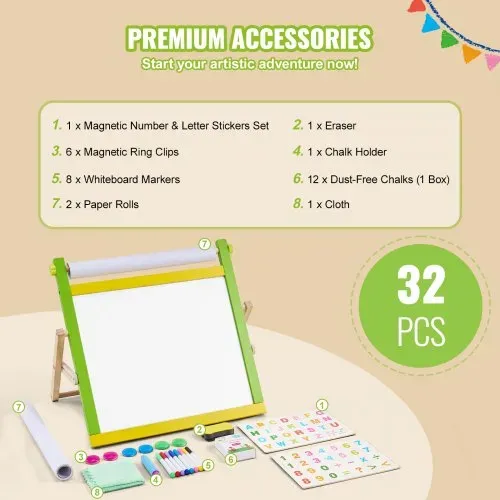 VEVOR Kindertafel, 3-in-1-hölzerne doppelseitige Spieltafel für Kinder mit magnetischem Whiteboard, Kreidetafel, Papierrolle, faltbarem Zeichenbrett mit Malzubehör für Kinder im Alter von 3-14 Jahren – Bild 2