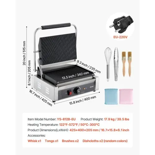 VEVOR kommerzieller Panini-Grill Kontaktgrill 2200 W für Sandwiches Steak Bacon Hamburger, Sandwichmaker Pressgrill aus Edelstahl mit Griff & Temperaturregelung & 34 x23 cm Heizplatte, Paninipresse – Bild 6