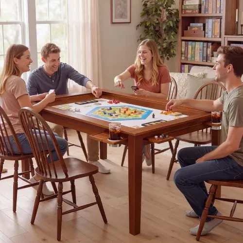 VEVOR Brettspieltisch 160x100x76cm 2-in-1 Spiel- & Esstisch 200kg Belastbar, Geräumig für 6 Spieler, Massivholz, mit Abnehmbaren Tischplatten Getränkehaltern Leder-Spielmatte & Ausziehbaren Tabletts – Bild 7
