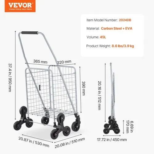 VEVOR Treppenkarre, 45 l, Treppensteiger-Einkaufswagen mit 360°-Lenkrädern, Treppensteiger-Mehrzweckwagen mit drei Rädern, faltbar, zusammenklappbar Transportkarre, Ideal für Wäschetransporte, Silber – Bild 6