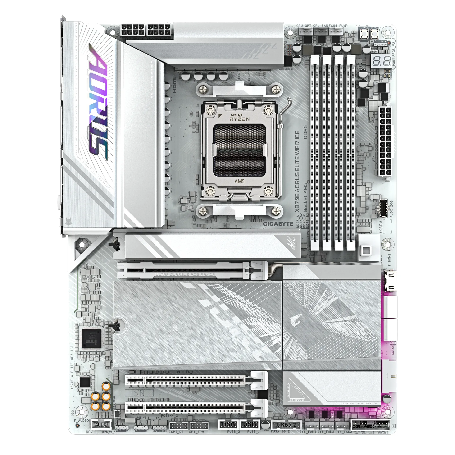 GIGABYTE X870E AORUS ELITE WIFI7 ICE Mainboard – Unterstützt AMD Ryzen 9000 Prozessoren, digitales 16+2+2 Phasen VRM, bis zu 8200 MHz DDR5 (O.C.), 3x PCIe 5.0 + 1x PCIe 4.0, Wi-Fi 7, 2.5 GbE LAN, USB 4 – Bild 2