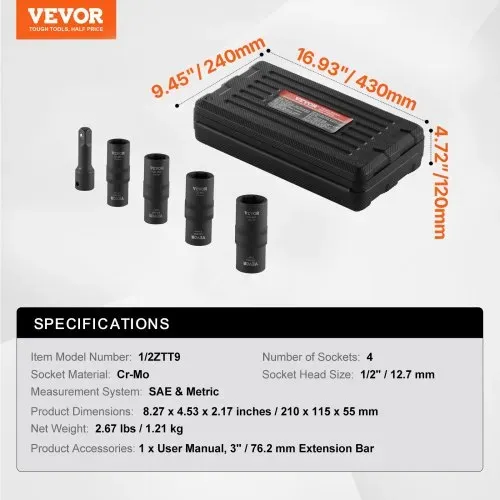 VEVOR Radmuttern Schlagsteckschlüsselsatz, 12,7 mm Antrieb, metrisch & SAE, 6-Kant-Klappsteckschlüsselsatz, insgesamt 4 Radmutterngrößen, CR-MO-Stahl-Radsteckschlüsselsatz mit Aufbewahrungskoffer – Bild 6