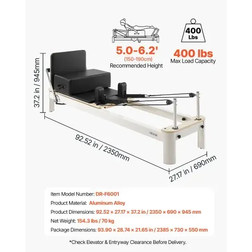 VEVOR Pilates Reformer Gerät mit Aluminiumrahmen 181 kg 2350 x 690 x 945 mm Ideal für Home-Gyms und Studios, mit Leisem Schlittenlauf, Verstellbarer Kopfstütze, Pilates-Box, Jumpboard und Fußschlaufen – Bild 5