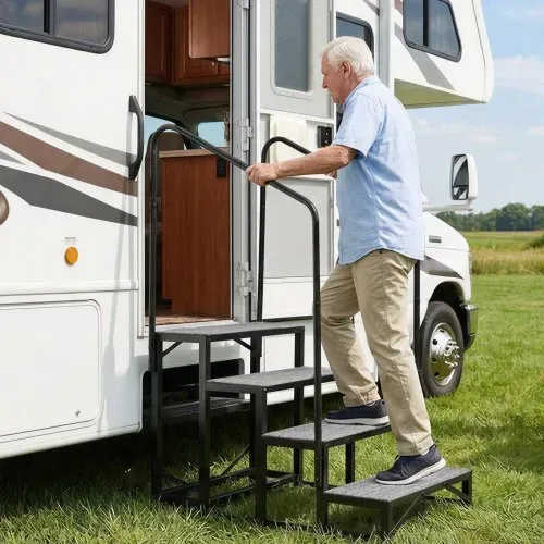VEVOR Wohnmobiltreppe mit 2 Handläufen (4 Stufen), Standtreppe mit 300 kg Tragkraft, Außentreppe mit Rutschfester Matte für Senioren/Haustiere, Trittstufe für Camper, Mobilheim, Veranda, Pool und Spa – Bild 7