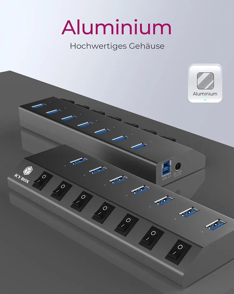 ICY BOX IB-HUB1701-C3, 7 Port USB 3.2 Gen 1 Type-A Hub, Aluminium Gehäuse, mit 7x USB Type-A, Type-A + Type-C Host, An-/Ausschalter für jeden Port – Bild 3