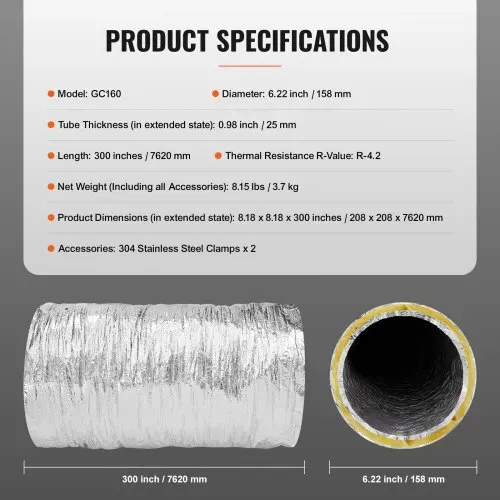 VEVOR Aluflexschlauch 7620mm lang Lüftungsschlauch Φ158mm Alu Flexrohr Luftkanal R-4.2 Thermischer Widerstandswert 25mm Rohrstärke Alurohr Schlauch Owens Corning-Isolierwatte Luftleitungen – Bild 6