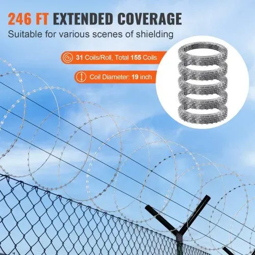 VEVOR Natodraht 75 m (5 Rollen x 15 m) Stacheldraht Spirale Sperrdraht Stacheldrahtzaun (0,51 mm) scharfe Klingen und (ca. 4 mm) dicke Kerndrähte Maschendraht für außergewöhnlichen Spiralschutz – Bild 4