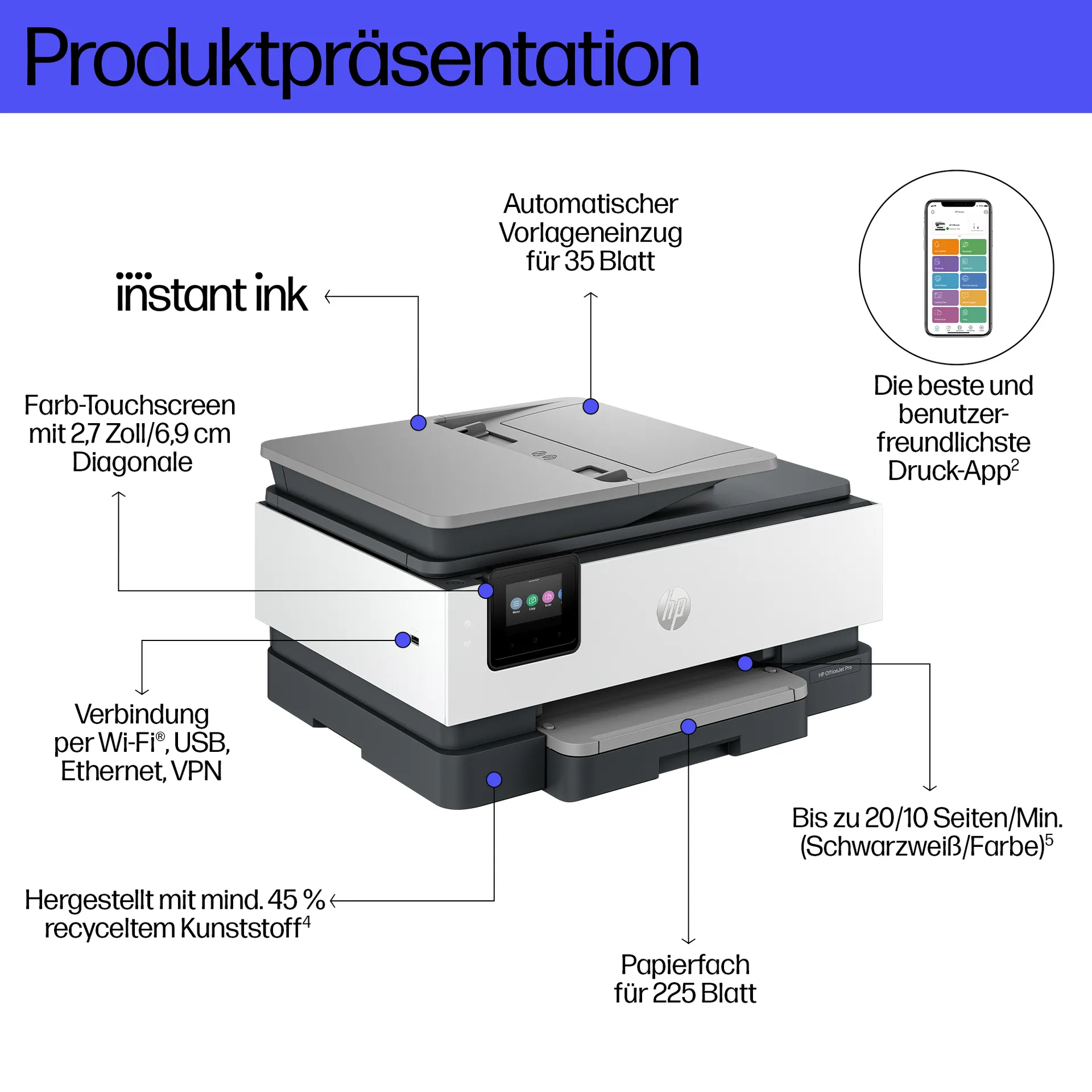 HP OfficeJet Pro 8132e Wireless All-in-One Farbe Drucker, Instant Ink; Beidseitiger Druck – Bild 3