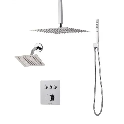 VEVOR Duschsystem-Set mit 12 Zoll Regenduschsystem / 6 Zoll Wandmontagekopf / 2 in 1 Handbrause, drehbarer Doppelregenkopf (3 Funktionen), Messingventil und Verkleidungssatz, Chrom thermostatisch – Bild 10