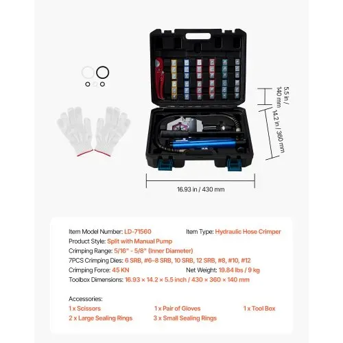 VEVOR Hydraulikschlauch-Crimpzange, Hydraulikschlauchpresse mit 7 Snap-On-Einsätzen & Tragekoffer, für Klimaanlagenschläuche zur Reparatur von Fahrzeugen & Klimaanlagen (mit Handpumpe) – Bild 6