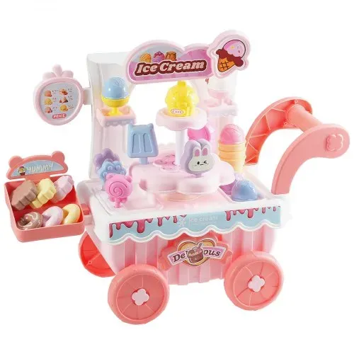 VEVOR Eiswagen, 27-teiliges Zubehör, Eisdiele aus PP, Aufbewahrungswagen mit Spielgeld, Ton- und Lichteffekten, Montessori-Lernspielzeug, Rollenspiel für Kleinkinder ab 3 Jahren (Pink) – Bild 10