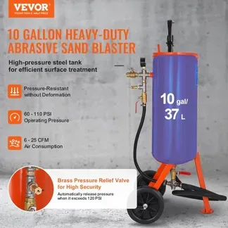 VEVOR Mobiles Sandstrahlgerät 37 L Sandstrahlanlage 2,3 m Arbeitsschlauch Sandstrahler 60–110 PSI Arbeitsdruck ideal zum Entfernen von Rost, Farbe, Flecken und das Polieren großer Flächen VEVOR Mobiles Sandstrahlgerät 37 L Sandstrahlanlage 2,3 m Arbeitsschlauch Sandstrahler 60–110 PSI Arbeitsdruck ideal zum Entfernen von Rost, Farbe, Flecken und das Polieren großer Flächen