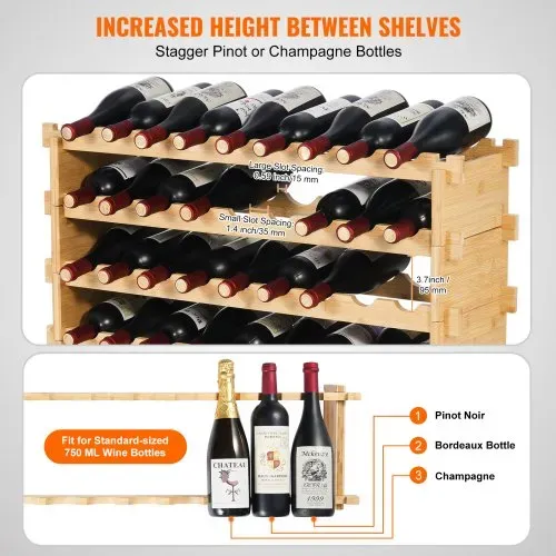 VEVOR Weinregal stapelbar 36 Flaschen, stabiles Flaschenregal, 4-stufiges Lagerregal aus massivem Bambusholz, freistehendes Weinregal, wackelfreie Regale für Küche, Bar und Keller (natürliche Farbe) – Bild 2