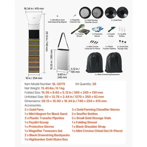 VEVOR Highbanker Goldwaschset 127 cm (50 Zoll), 3-in-1 Faltbare Goldwaschrinne aus Aluminiumlegierung, 26-tlg. Tragbares Prospektionsset mit Goldwaschpfannen, Klassiersieb, Magnet, Rucksack, Zubehör – Bild 6