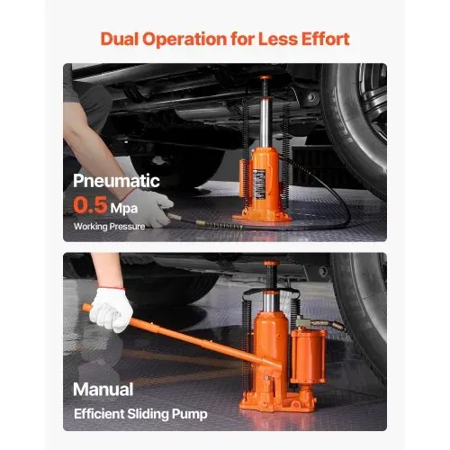 VEVOR lufthydraulischer Flaschenheber mit 12 t Tragkraft & Hubbereich 265–505 mm, pneumatisch/manuell, geschweißter Stempelwagenheber mit Pumpe für SUV Pickup Lkw PKW-Reparaturen, Orange – Bild 2