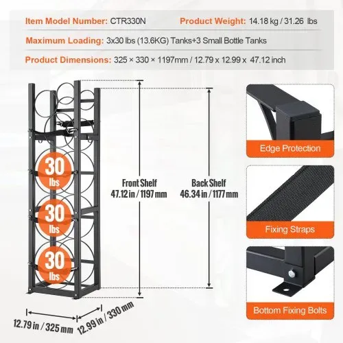 VEVOR Kältemitteltankgestell, mit 3 x 30 lbs und 3 weiteren kleinen Flaschentanks, Zylindertankgestell 12,79 x 12,99 x 47,12 Zoll, Kältemittelzylindergestell und Halterungen für Freon, Gase, Sauerstof – Bild 6