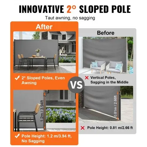 VEVOR Seitenmarkise 200 x 300 cm Seitenwandmarkise aus 180 g/m² Polyestergewebe mit PU-Beschichtung Markise einziehbarer Griff mit Federmechanismus Sichtschutz Blickschutz für Balkone Innenhöfe Grau – Bild 2