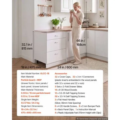 VEVOR Unterschrank 600x475x815 mm BxTxH Spanplatte Küchenunterschrank Weiß, für Waschküche und Bad, ohne Arbeitsplatte, im Shaker-Stil, mit 3 Schubladen, Soft-Close-Mechanismus und 3M-Laminierung – Bild 6