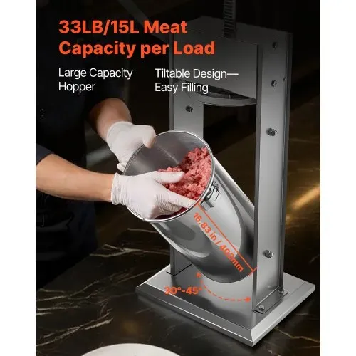 VEVOR Manueller Wurstfüller 15 L, Vertikale Wurstfüllmaschine mit 2 Geschwindigkeiten (Schnell/Langsam) & 5 Füllrohren & Griff, Fleischfüller aus Edelstahl für Gewerblichen & Privaten Gebrauch – Bild 3