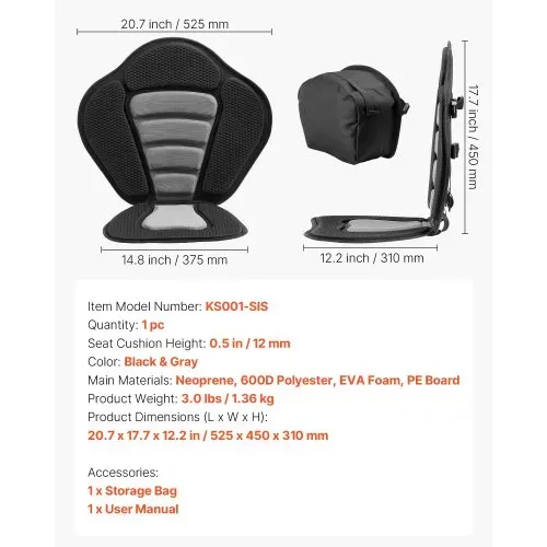 VEVOR 1 x Kajaksitz 12 mm Dicke, Gepolsterter Sitz für Stand-Up-Paddle-Board, Bootssitz mit Rückenlehne & Aufbewahrungstasche & Verstellbaren Gurten für SUP Kanu Angelboot Aufblasbares Kajak – Bild 6