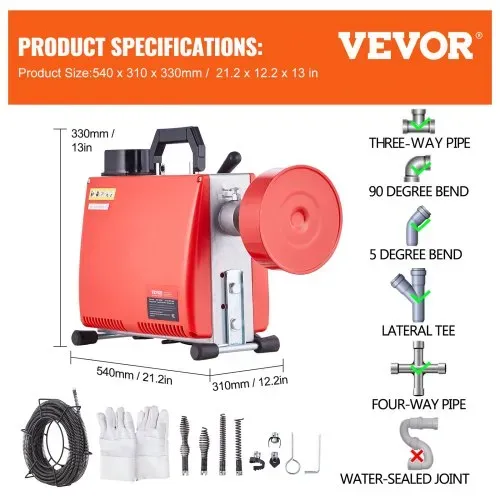 VEVOR Rohrreinigungsmaschine, 66 Fuß x 5/8 Zoll, 250 W elektrische Rohrreinigungsmaschine mit manueller Zuführung – mit 7 Schneidern, 2 Stahlkabeln (66' x 5/8" und 15' x 3/8") und CW/CCW-Steuerung für 1,6" bis 4" Rohre – Bild 6