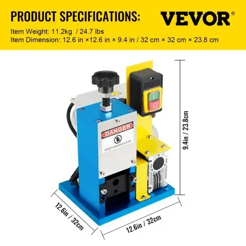 VEVOR Abisoliermaschine Elektrisch, 1,5-25 mm Kabelabisoliermaschine Elektrisch, 180 W Einphasig Kabelschälmaschine, HXSMS-025 Modell Kabelschäler mit Klinge und Handschuhen, Kabel Abisolierwerkzeug – Bild 6