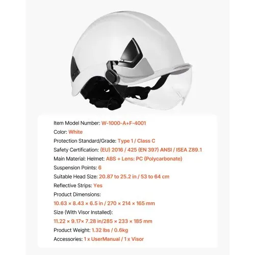 VEVOR Schutzhelm ANSI/ISEA Z89.1-zugelassener Sicherheitshelm mit Visier & 6-Punkt-Ratschenaufhängung, verstellbarer Industriehelm belüfteter Bauhelm Arbeitshelm für Industriebau Arbeitskleidung – Bild 6