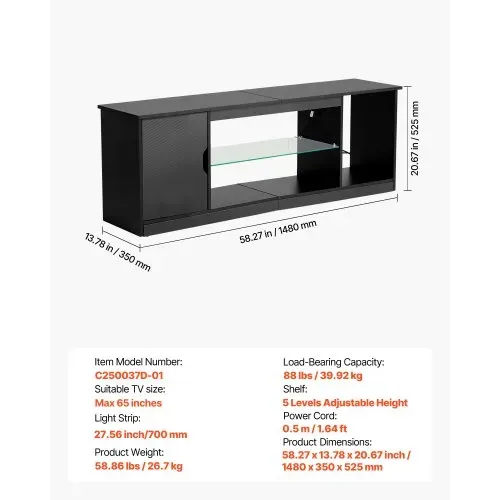 VEVOR TV-Ständer für Fernseher bis zu 65 Zoll, TV Tisch mit Lichtleiste, TV-Schrank aus Holz mit Glasablage & verstellbaren Regalen, Konsolentisch Fernsehschrank für Wohnzimmer Schlafzimmer, Schwarz – Bild 6