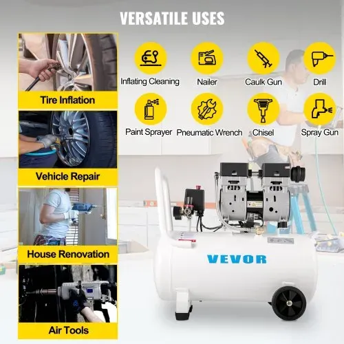VEVOR Flüsterkompressor 50 L, Leise Ölfrei Kompressor 750 W, Ölfrei Luftkompressor 65 dB, Druckluftkompressor 230 V, Silent Druckluft Kessel 170 L / min Abgasvolumen, mit Eingebautem Abluftventilator – Bild 5