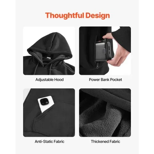 VEVOR Beheizbarer Hoodie, Unisex, Heizpullover mit 7,4 V 16000 mAh wiederaufladbarem Powerbank-Pack, 5 Heizzonen, 3 Temperaturstufen, 4–8 Stunden Wärme, für Winter-Outdoor-Camping, Schwarz, XXXL – Bild 5