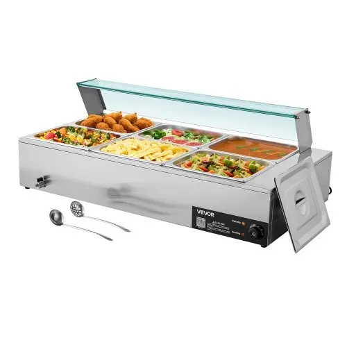 VEVOR kommerzieller Speisenwärmer (6 x 1/2 Größe Behälter), 1,5 kW elektrischer Wärmebehälter aus Edelstahl mit Glasabdeckung & Suppenkelle, Chafing Dishes für Catering Restaurant Party – Bild 8