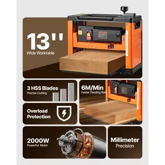 VEVOR Dickenhobel, Dreiblatt, 330 mm Arbeitstisch, Hobelmaschine, 2 kW, Motordrehzahl von 23500 U/min, Doppelrollen, Überrollschutz, Holzbearbeitung mit Einzelgeschwindigkeit, für Hart- & Weichholz VEVOR Dickenhobel, Dreiblatt, 330 mm Arbeitstisch, Hobelmaschine, 2 kW, Motordrehzahl von 23500 U/min, Doppelrollen, Überrollschutz, Holzbearbeitung mit Einzelgeschwindigkeit, für Hart- & Weichholz