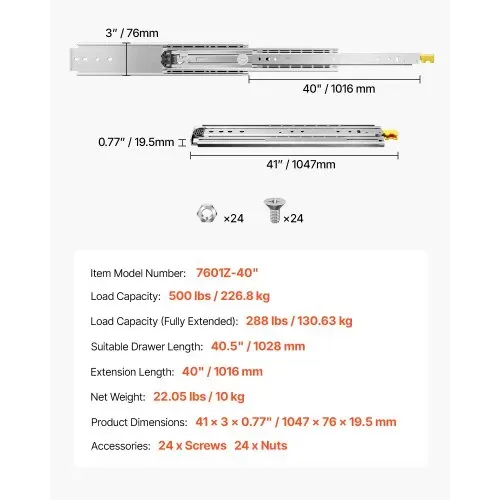 VEVOR 1 Paar Schubladenschienen mit Vollauszug 1016 mm, 226 kg Tragkraft, Schubladenführungen, Doppelverriegelungsdesign, seitlich montierte Teleskopschienen für Regale, Schränke, Industrieschubladen – Bild 6