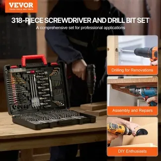 VEVOR Bohrerset 318-teilig, Schrauberbit-Set, Schraubendreherbit-Set geeignet zum Bohren und Schrauben in Holz, Metall & Zement, Bohrer-Sets Kombi-Set sortiert in geordneter Tragkoffer VEVOR Bohrerset 318-teilig, Schrauberbit-Set, Schraubendreherbit-Set geeignet zum Bohren und Schrauben in Holz, Metall & Zement, Bohrer-Sets Kombi-Set sortiert in geordneter Tragkoffer