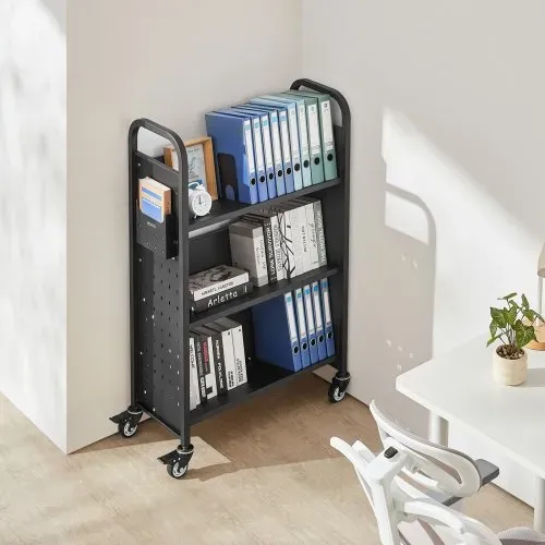 VEVOR Bücherwagen, 150 kg Tragkraft, Bibliothekswagen, 77 x 38 x 122 cm, einseitiges V-förmiges Bücherregal mit Doppelbremsrollen, Bücherregalwagen für Wohnzimmer, Büro, Schule, Schwarz – Bild 7