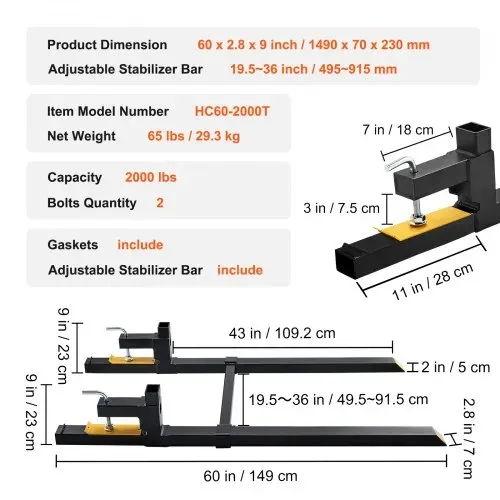 VEVOR Palettengabel 1490 x 70 x 230 mm Gabelträger 907 kg Tragfähigkeit Gabelzinken 149 cm Gesamtlänge mit 109,2 cm-Gabelblatt Gabelstapler 495-915 mm – Bild 6